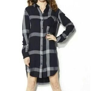 Rails Plaid Navy Blue White High Low Long Sleeve Button Down Shirtdress Size S